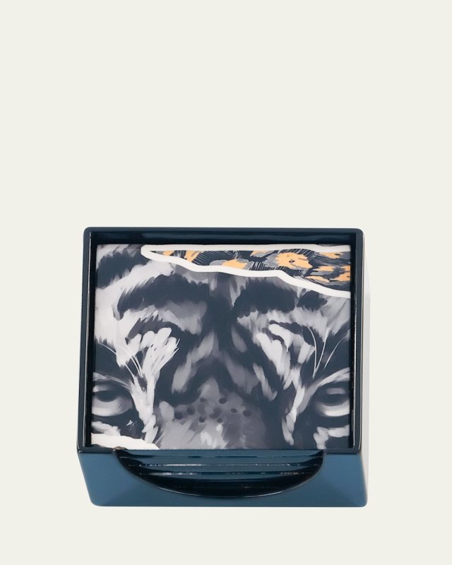 Black & Silver Lion Lacquer Square Coasters With Holder, Set of 6